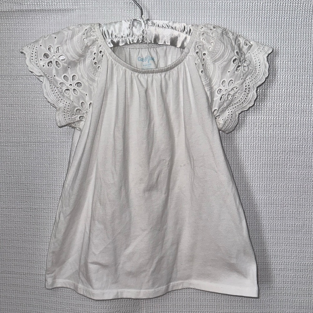 CAT & JACK Girls Blouse Flower Eyelet Sleeves White Size Small (6/6X)